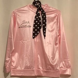 Pink ladies satin jacket and polka dot scarf